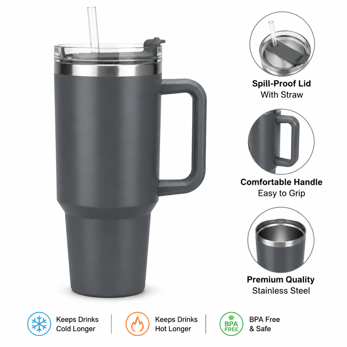 HydraMax™ 40oz Insulated Stainless Steel Travel Tumbler with Handle & Straw