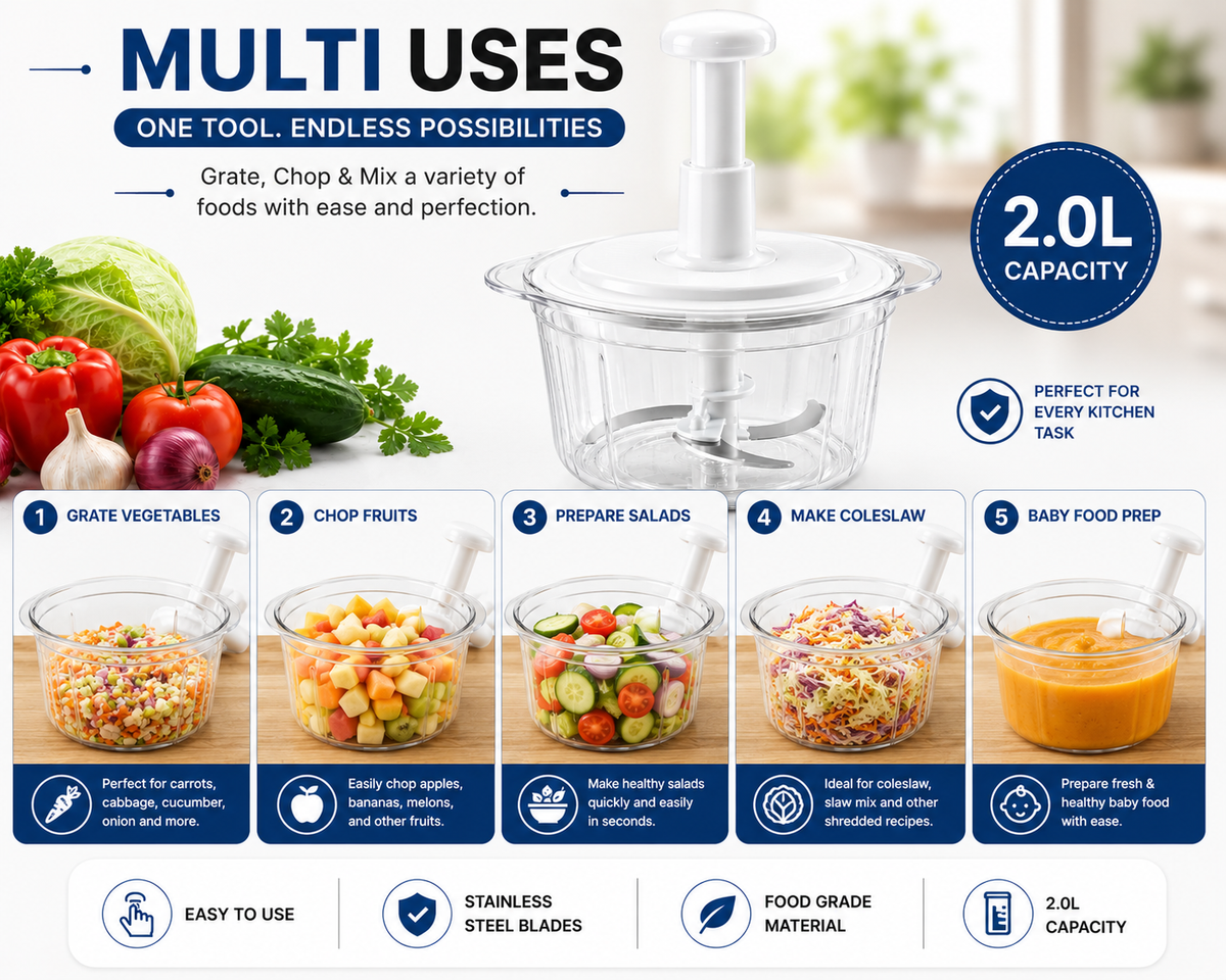 Premium 2.0L Multi-Functional Manual Food Chopper & Vegetable Cutter – Stainless Steel Blades