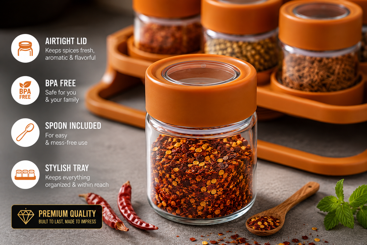 Spice Zone Premium 6-Jar Spice Organizer Set with Airtight Lids & Storage Tray