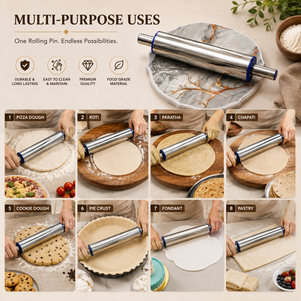 Premium Stainless Steel Rolling Pin & Plastic Dough Board Set