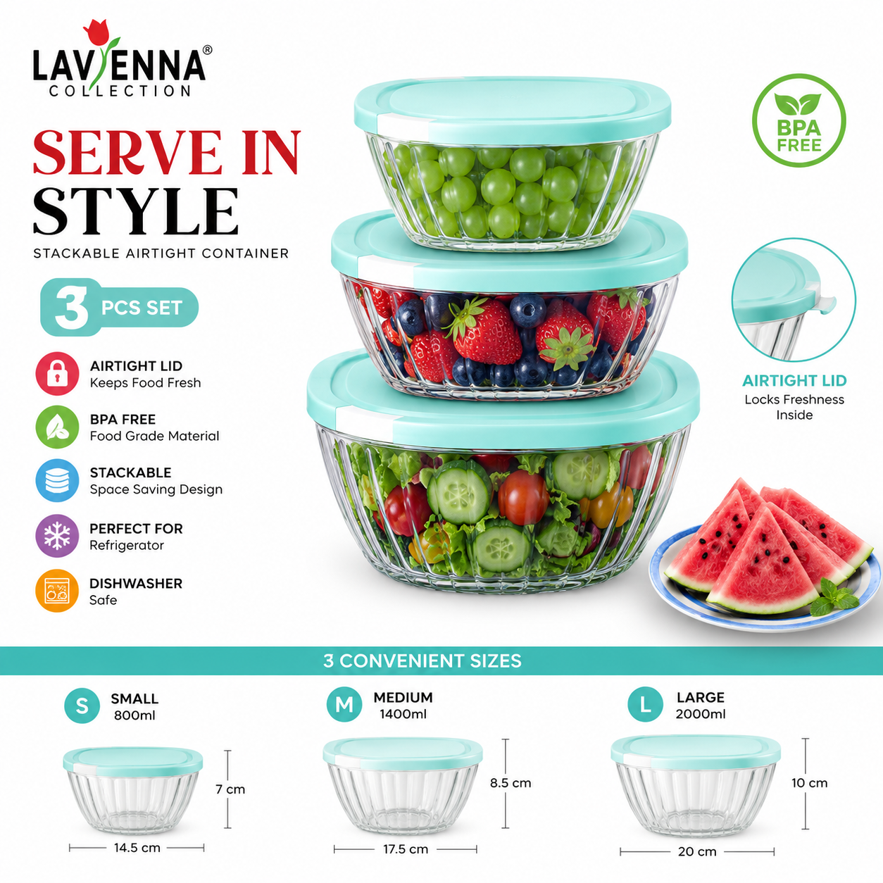 Lavienna Serve In Style 3-Piece Stackable Airtight Food Storage Container Set