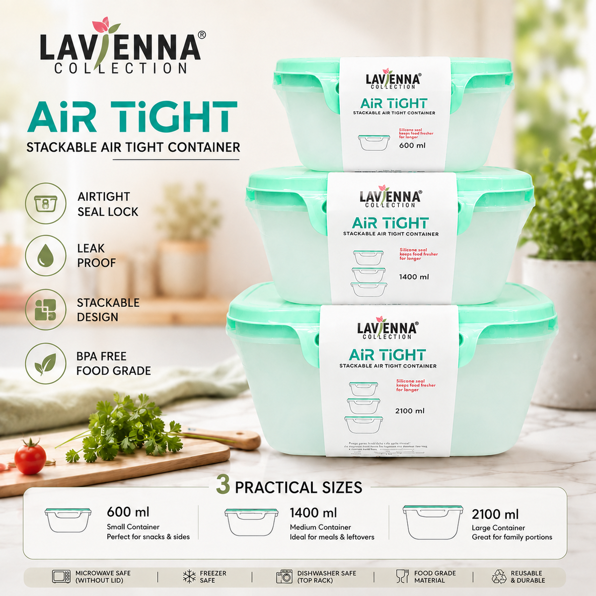 Lavienna Air Tight Premium 3-Piece Stackable Airtight Food Storage Container Set