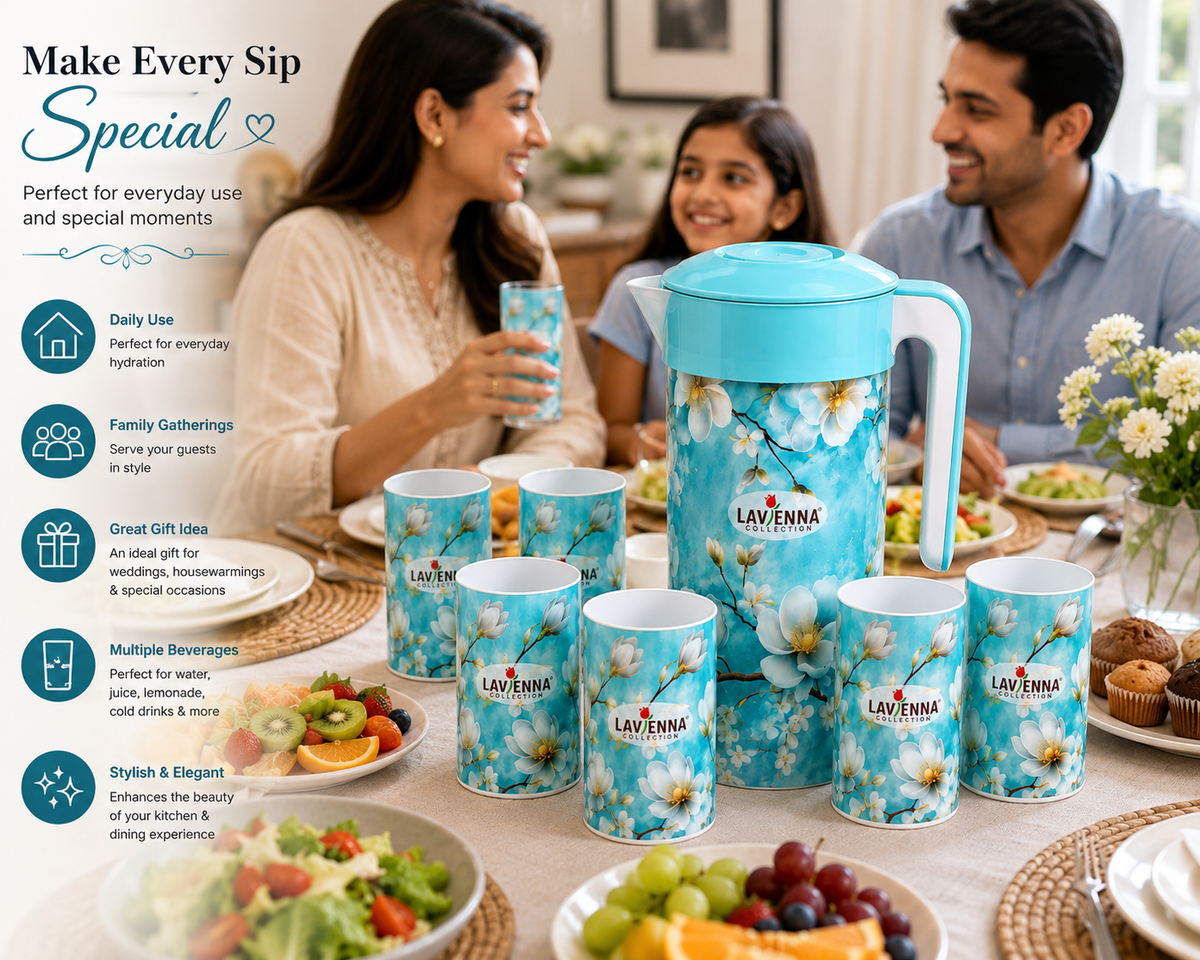 Premium Floral Water Jug Set with 6 Glasses – Elegant Serving Collection