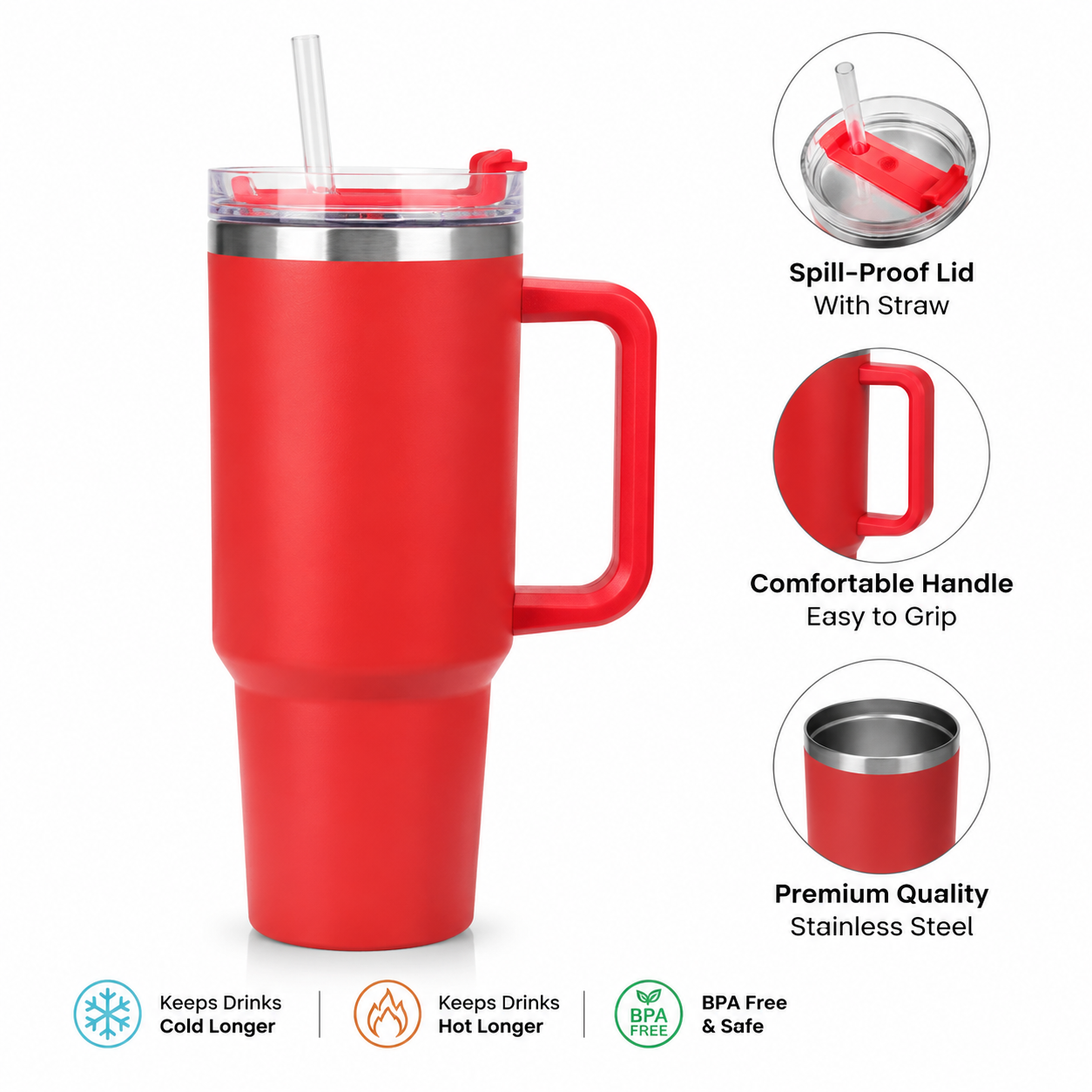 HydraMax™ 40oz Insulated Stainless Steel Travel Tumbler with Handle & Straw