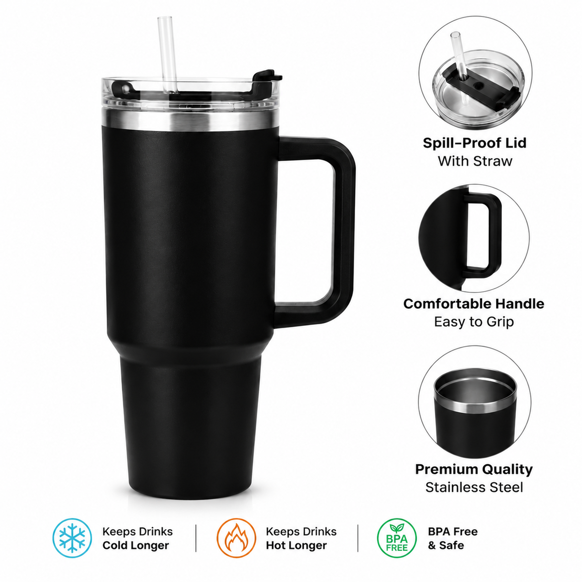 HydraMax™ 40oz Insulated Stainless Steel Travel Tumbler with Handle & Straw