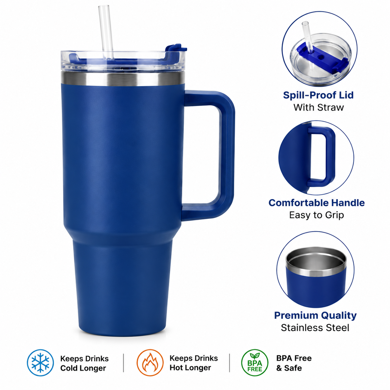 HydraMax™ 40oz Insulated Stainless Steel Travel Tumbler with Handle & Straw