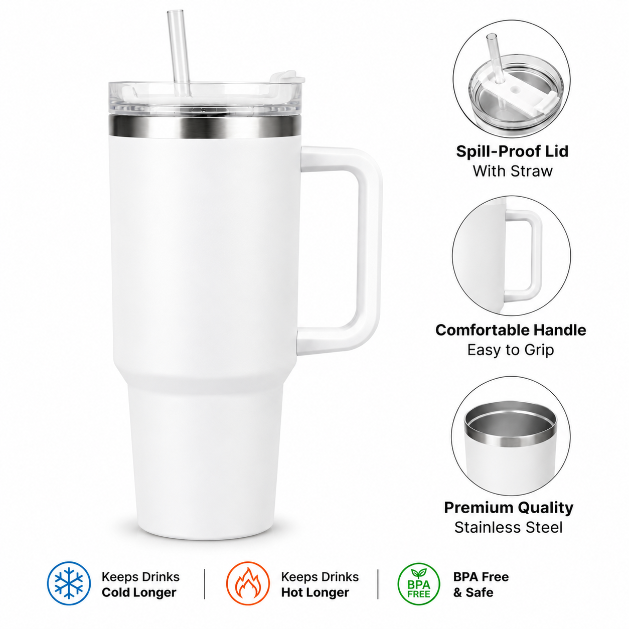 HydraMax™ 40oz Insulated Stainless Steel Travel Tumbler with Handle & Straw