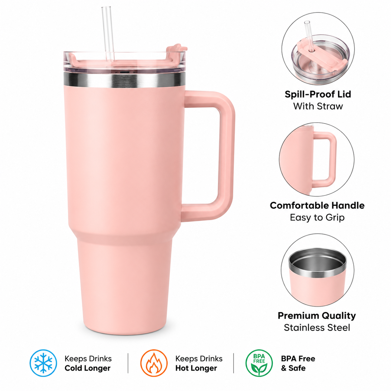 HydraMax™ 40oz Insulated Stainless Steel Travel Tumbler with Handle & Straw