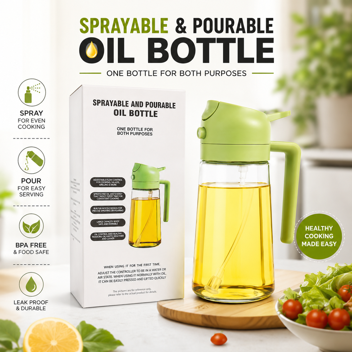 Premium 2-in-1 Glass Oil Spray & Pour Bottle (470ml) – Perfect for BBQ, Baking & Air Fryer