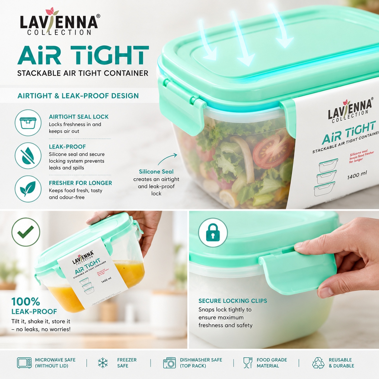 Lavienna Air Tight Premium 3-Piece Stackable Airtight Food Storage Container Set