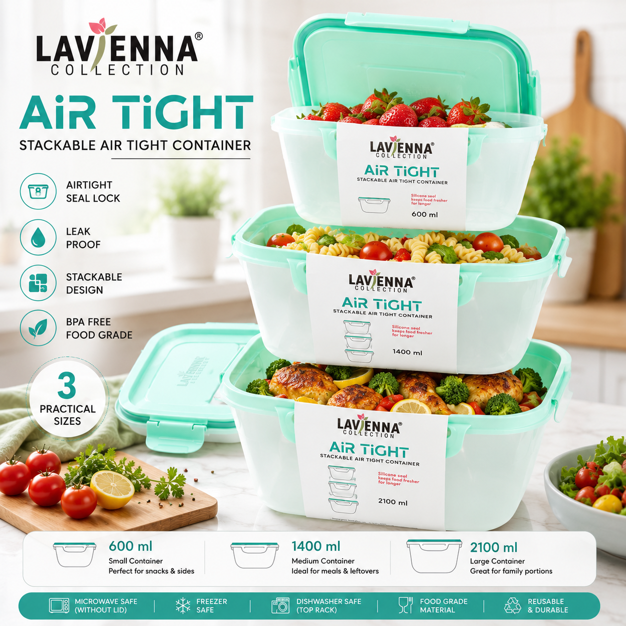Lavienna Air Tight Premium 3-Piece Stackable Airtight Food Storage Container Set