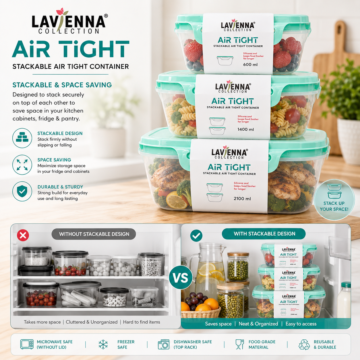 Lavienna Air Tight Premium 3-Piece Stackable Airtight Food Storage Container Set