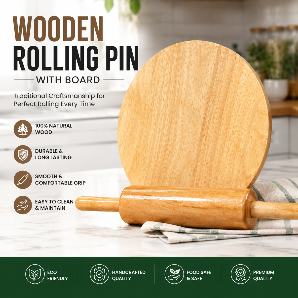 Premium Wooden Chakla Belan Set – Natural Wood Rolling Pin & Board for Roti, Chapati & Baking