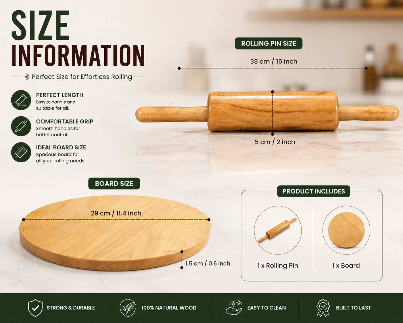 Premium Wooden Chakla Belan Set – Natural Wood Rolling Pin & Board for Roti, Chapati & Baking