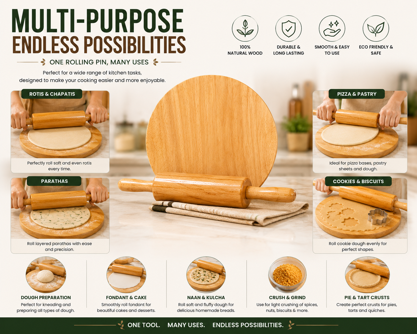 Premium Wooden Chakla Belan Set – Natural Wood Rolling Pin & Board for Roti, Chapati & Baking