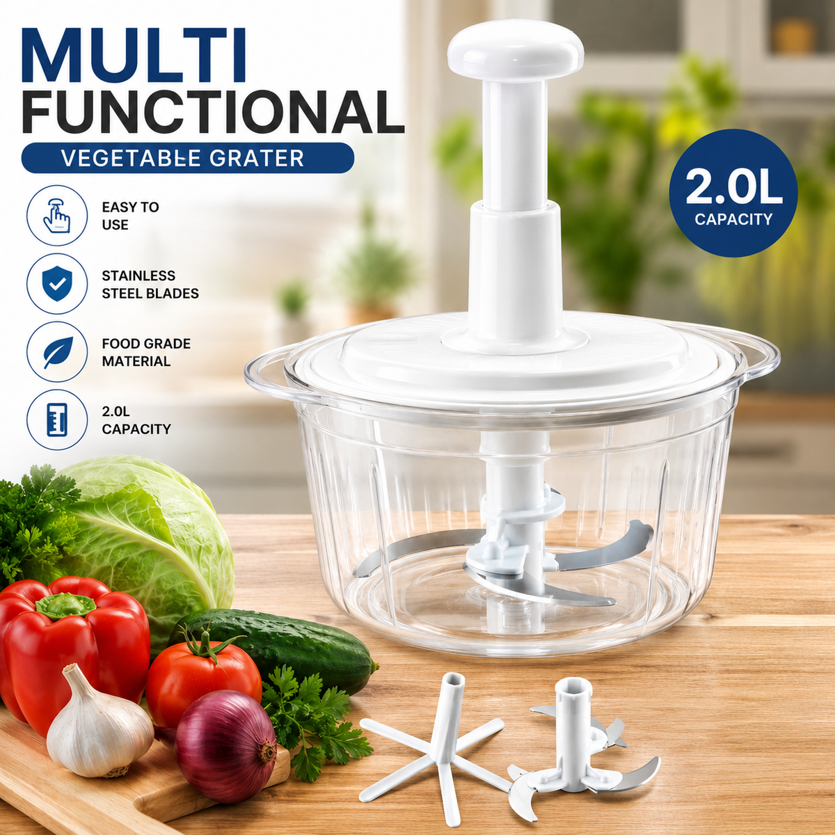 Premium 2.0L Multi-Functional Manual Food Chopper & Vegetable Cutter – Stainless Steel Blades