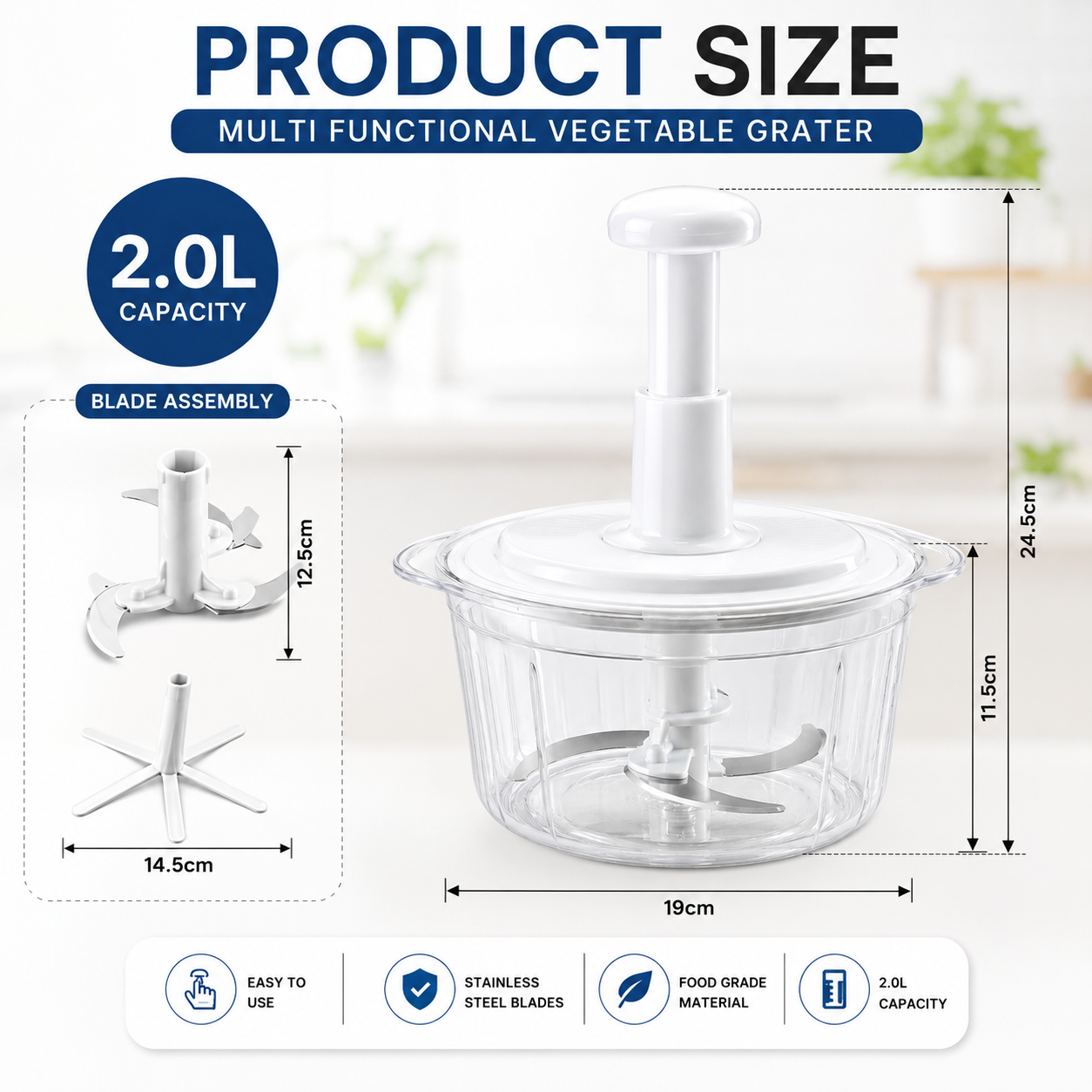 Premium 2.0L Multi-Functional Manual Food Chopper & Vegetable Cutter – Stainless Steel Blades