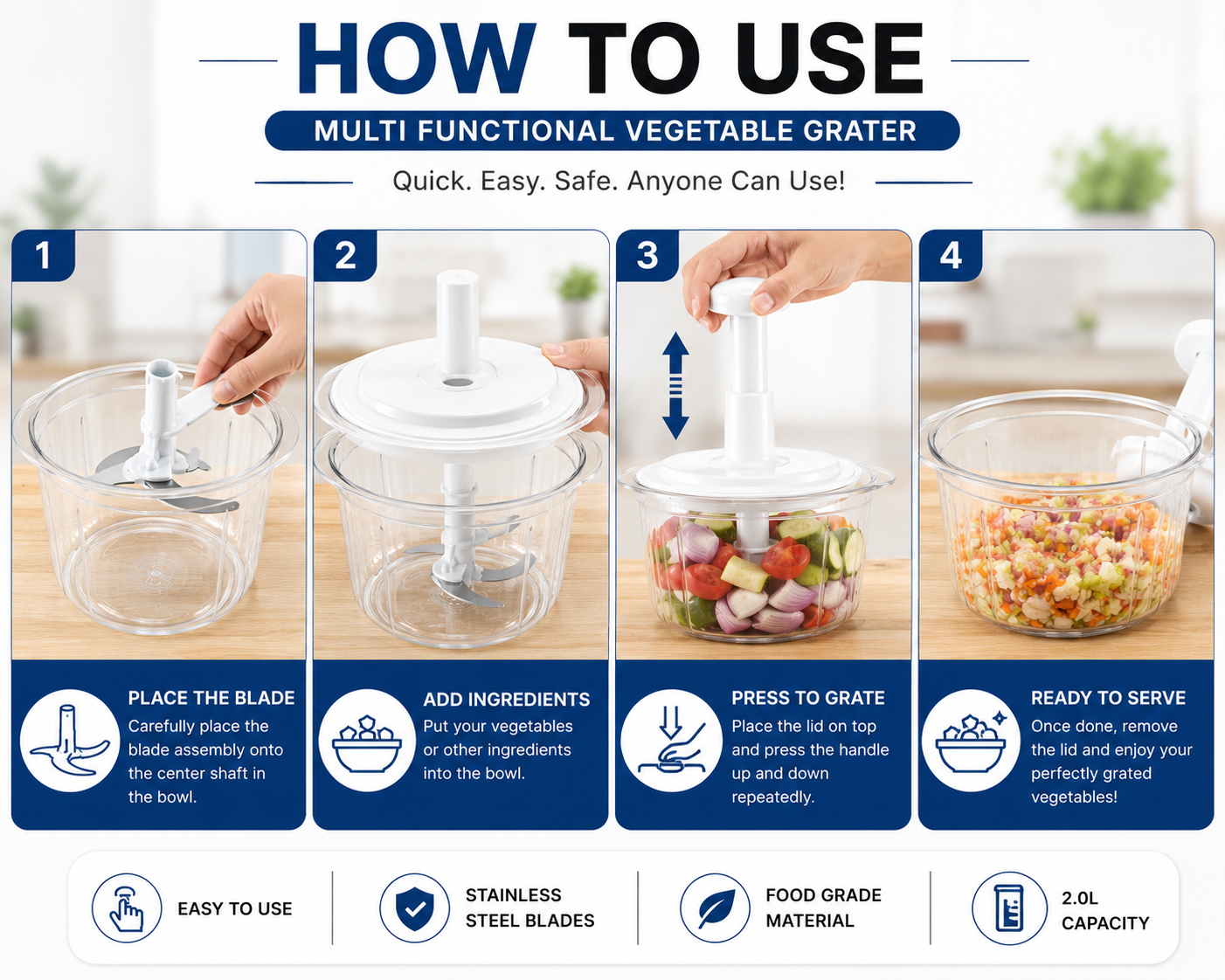 Premium 2.0L Multi-Functional Manual Food Chopper & Vegetable Cutter – Stainless Steel Blades