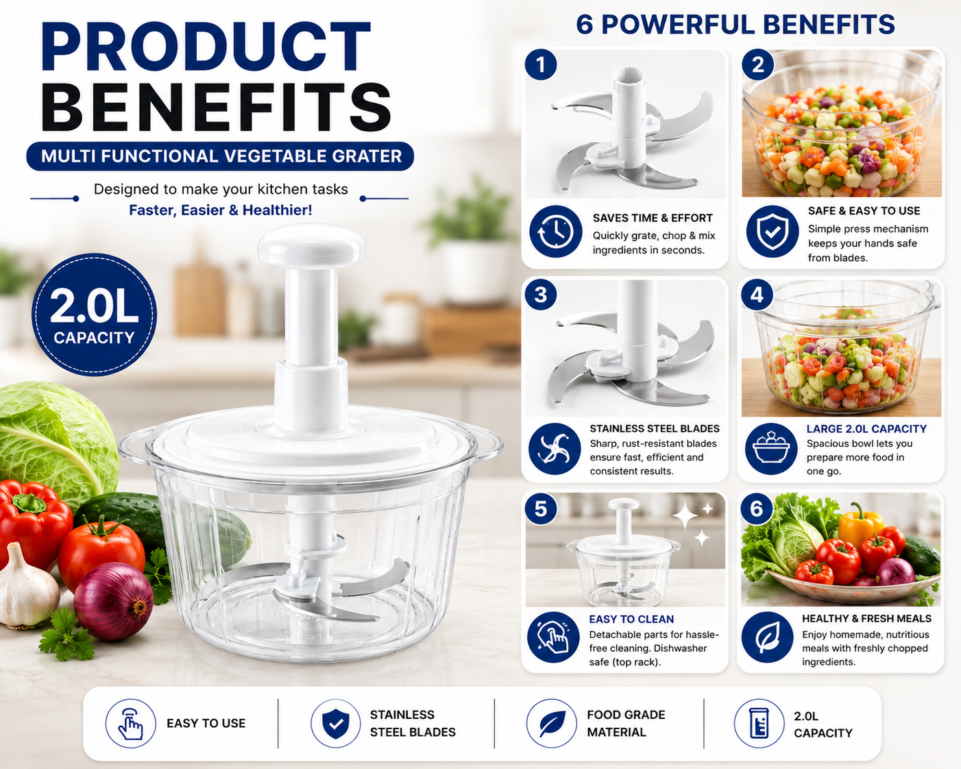 Premium 2.0L Multi-Functional Manual Food Chopper & Vegetable Cutter – Stainless Steel Blades