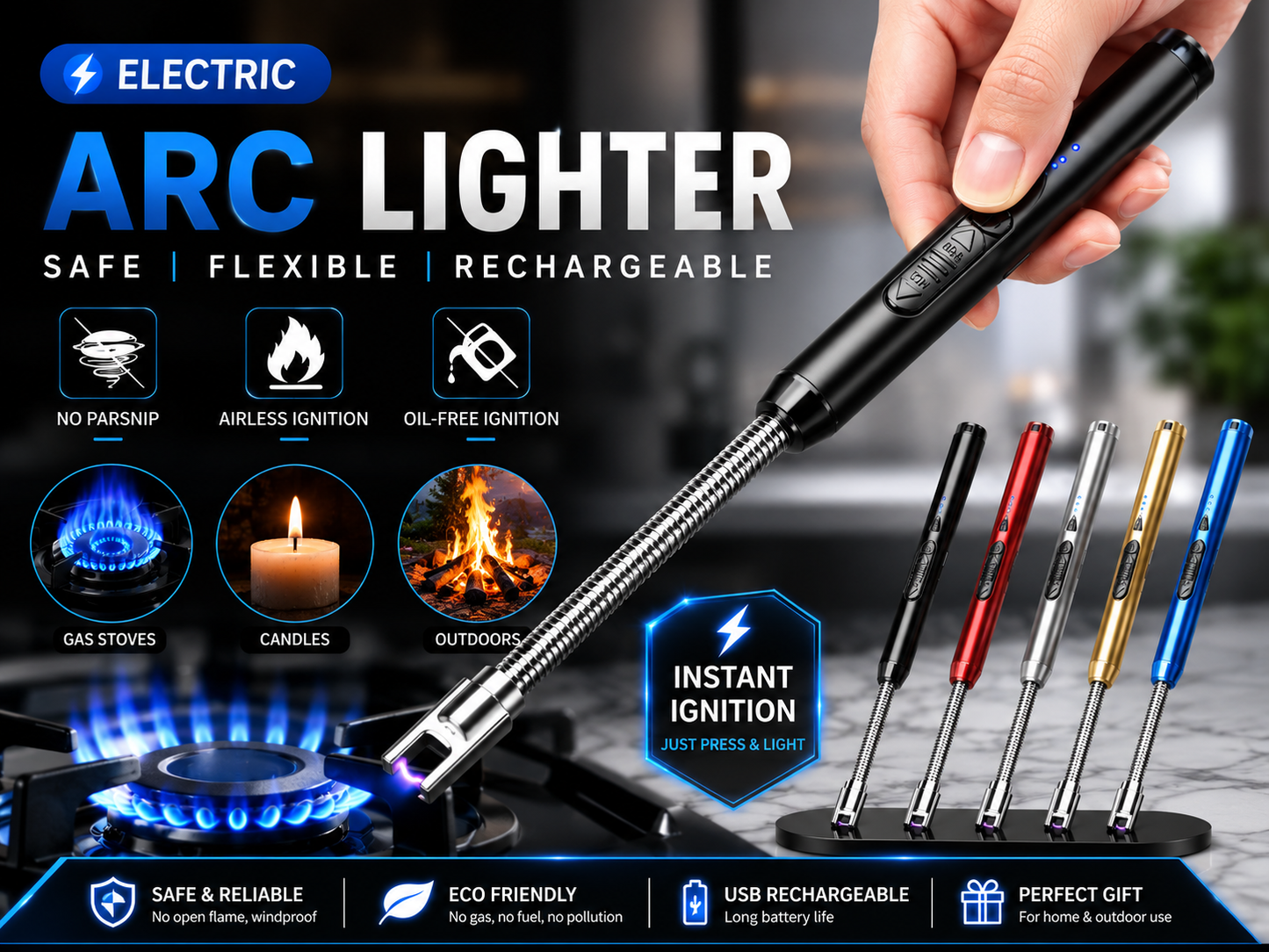 USB Rechargeable Electric Arc Lighter – Windproof & Flameless