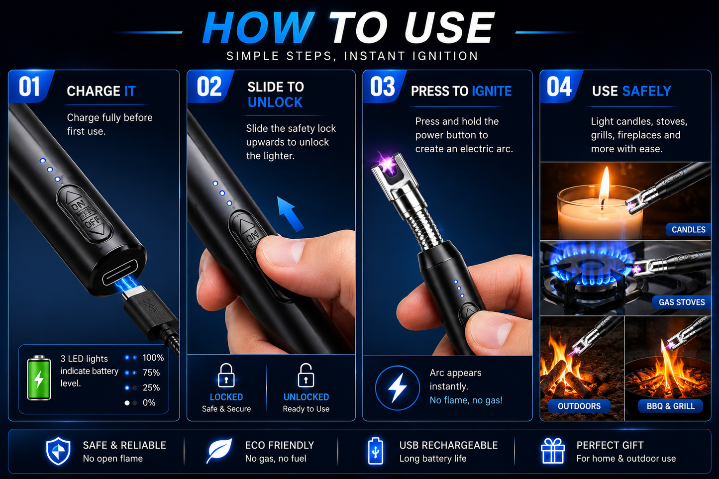 USB Rechargeable Electric Arc Lighter – Windproof & Flameless