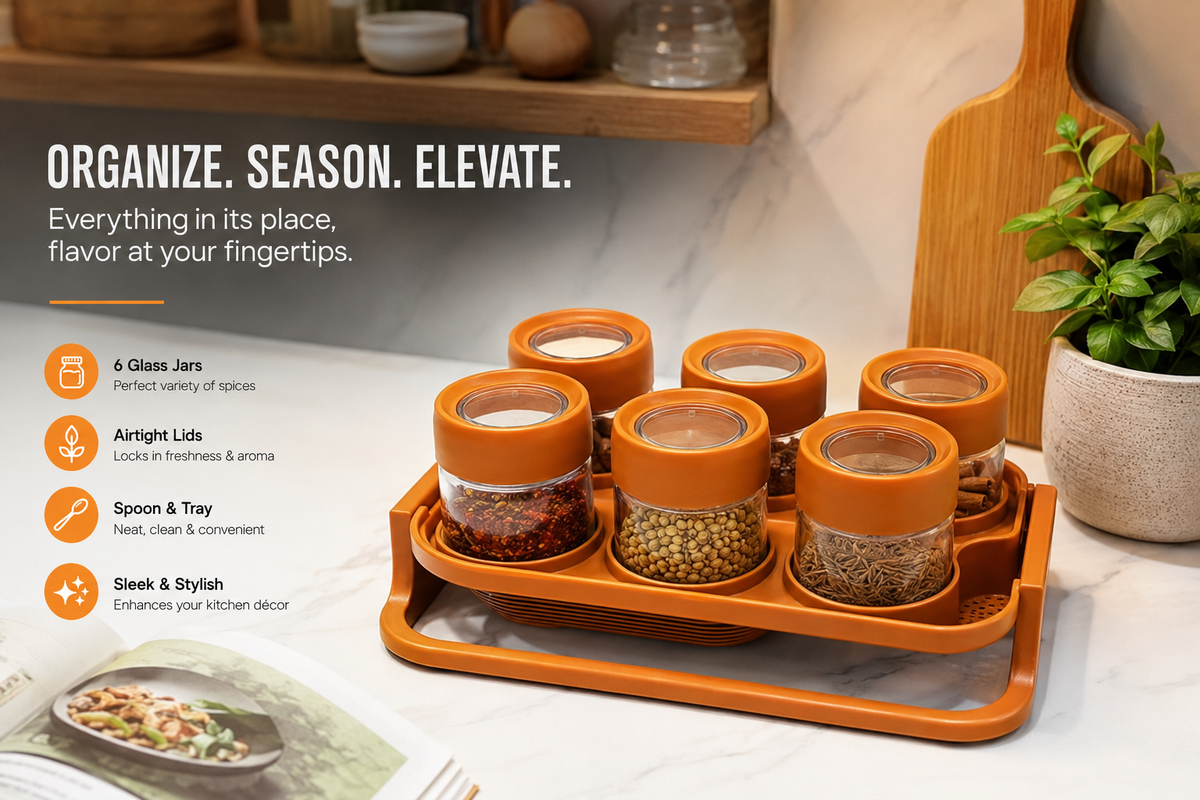 Spice Zone Premium 6-Jar Spice Organizer Set with Airtight Lids & Storage Tray