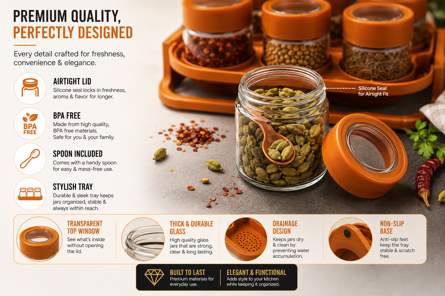Spice Zone Premium 6-Jar Spice Organizer Set with Airtight Lids, Spoons & Storage Tray