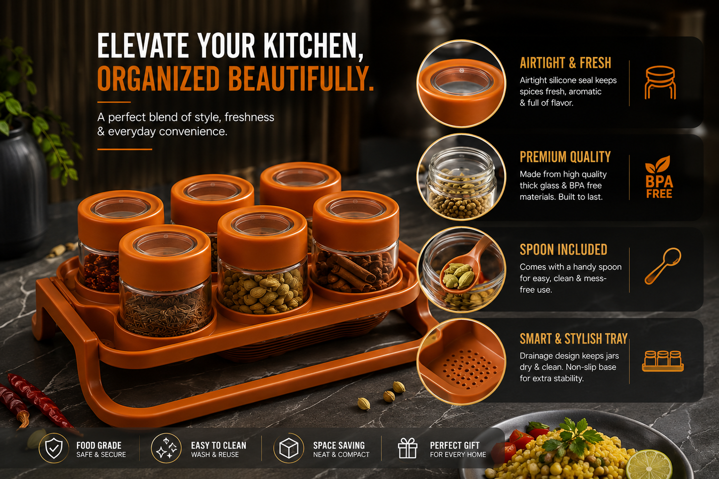 Spice Zone Premium 6-Jar Spice Organizer Set with Airtight Lids, Spoons & Storage Tray