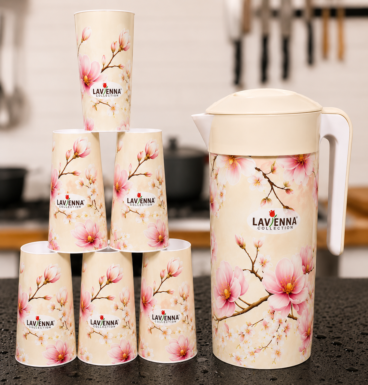 Premium Floral Water Jug Set with 6 Glasses – Elegant Serving Collection