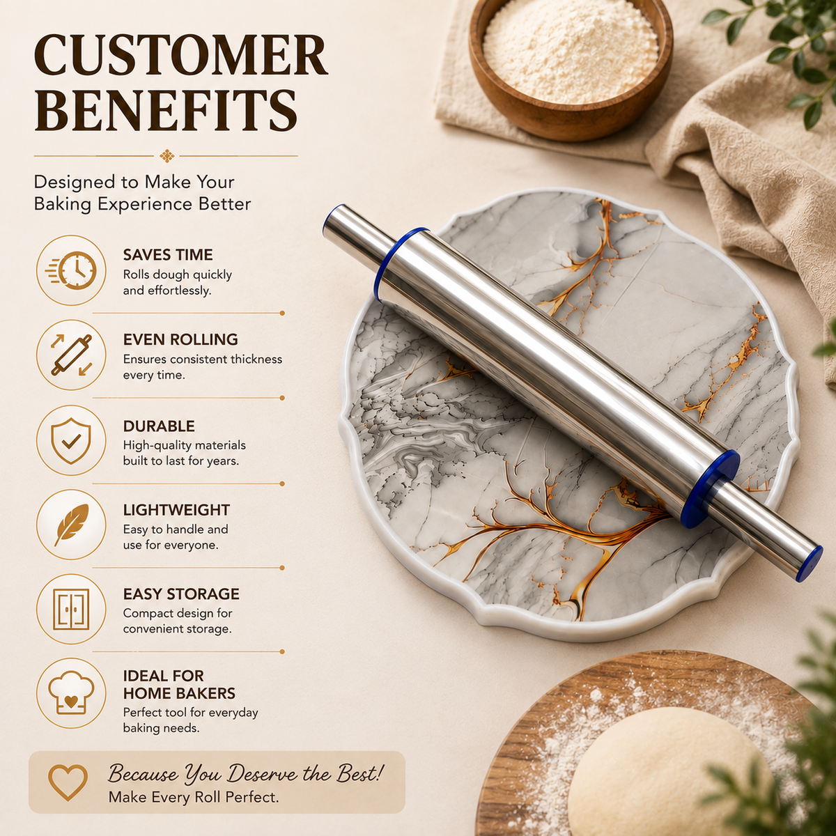 Premium Stainless Steel Rolling Pin & Plastic Dough Board Set