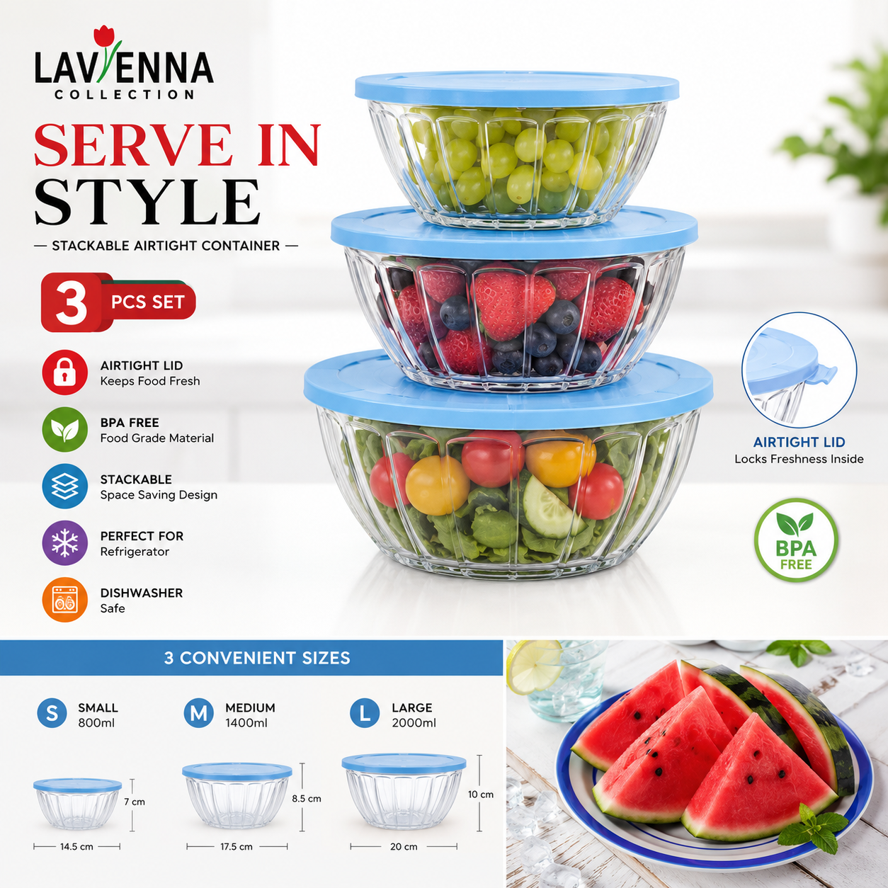 Lavienna Serve In Style 3-Piece Stackable Airtight Food Storage Container Set