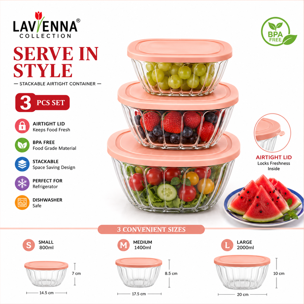 Lavienna Serve In Style 3-Piece Stackable Airtight Food Storage Container Set