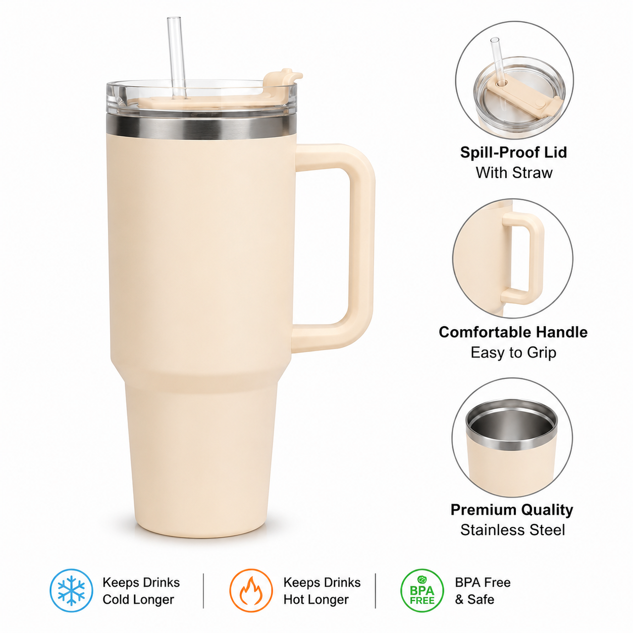 HydraMax™ 40oz Insulated Stainless Steel Travel Tumbler with Handle & Straw