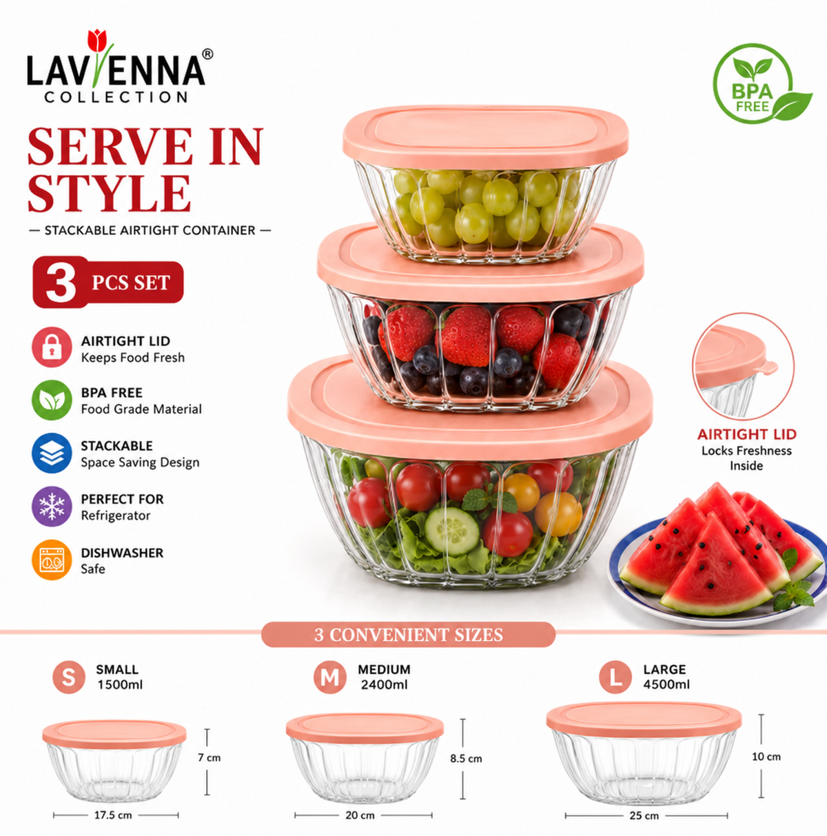 Lavienna Serve In Style 3-Piece Stackable Airtight Food Storage Container Set