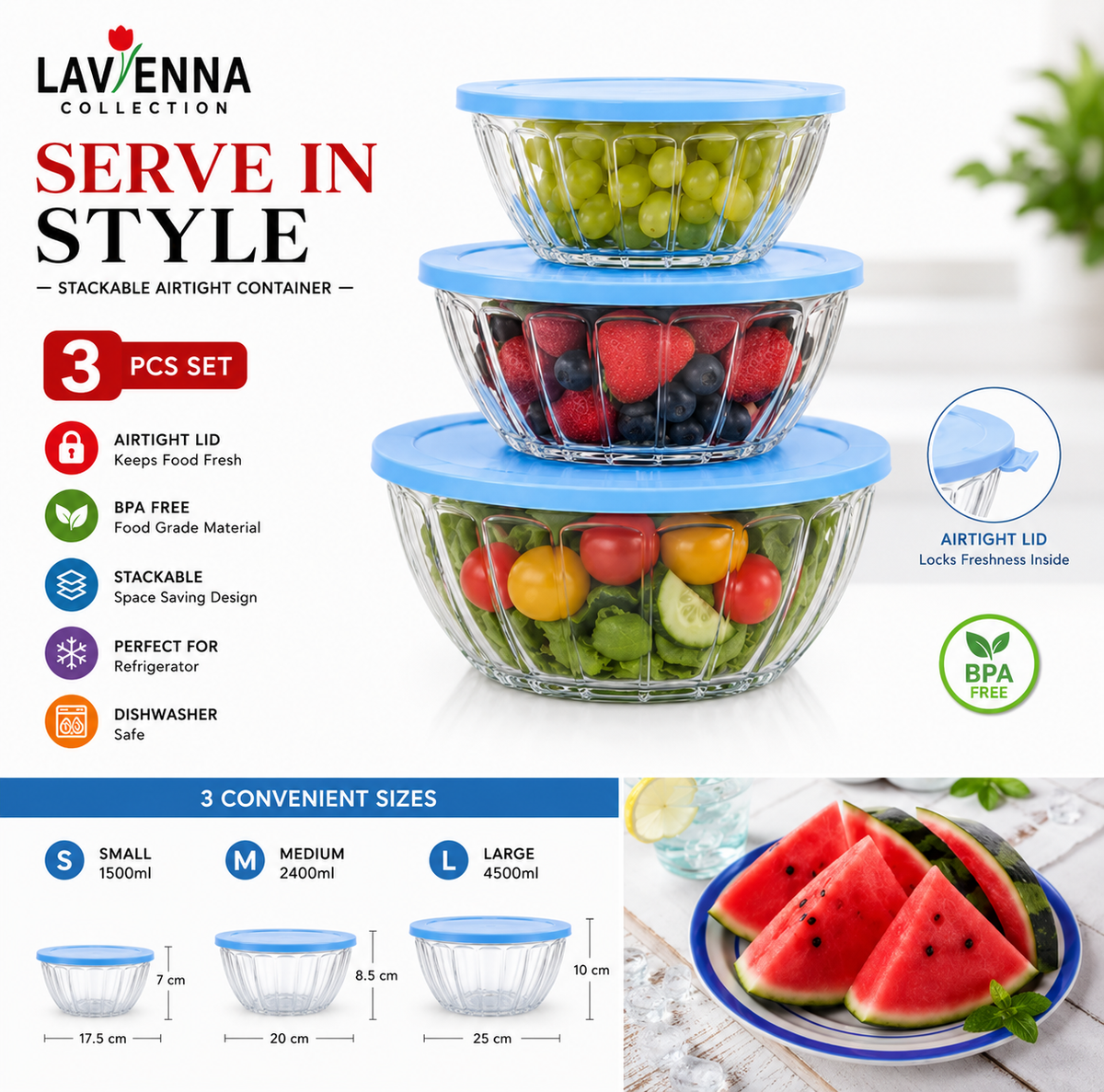 Lavienna Serve In Style 3-Piece Stackable Airtight Food Storage Container Set