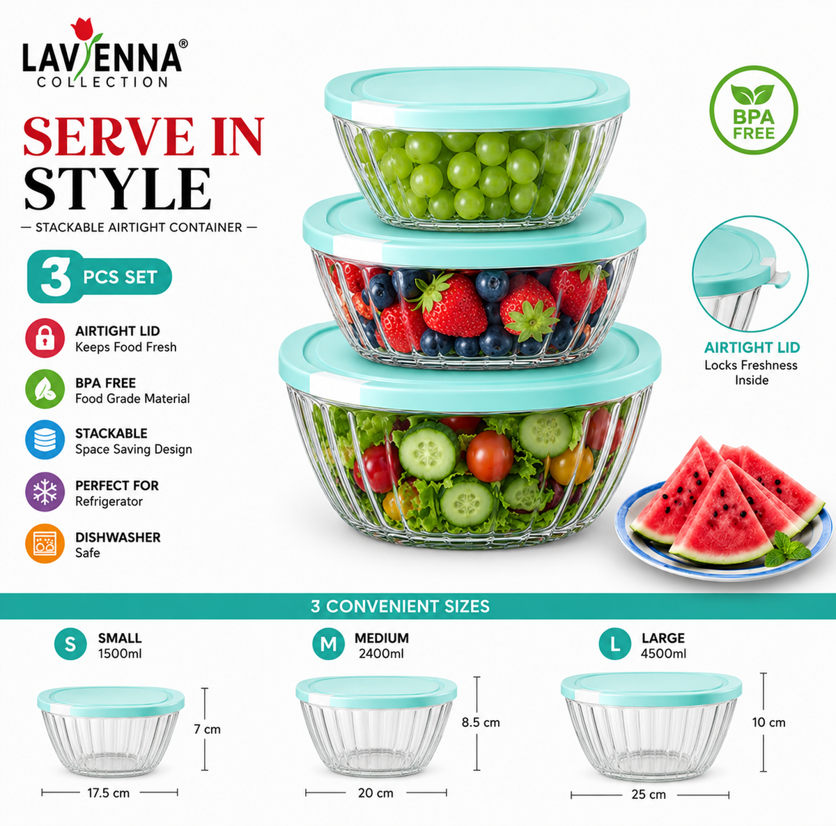 Lavienna Serve In Style 3-Piece Stackable Airtight Food Storage Container Set