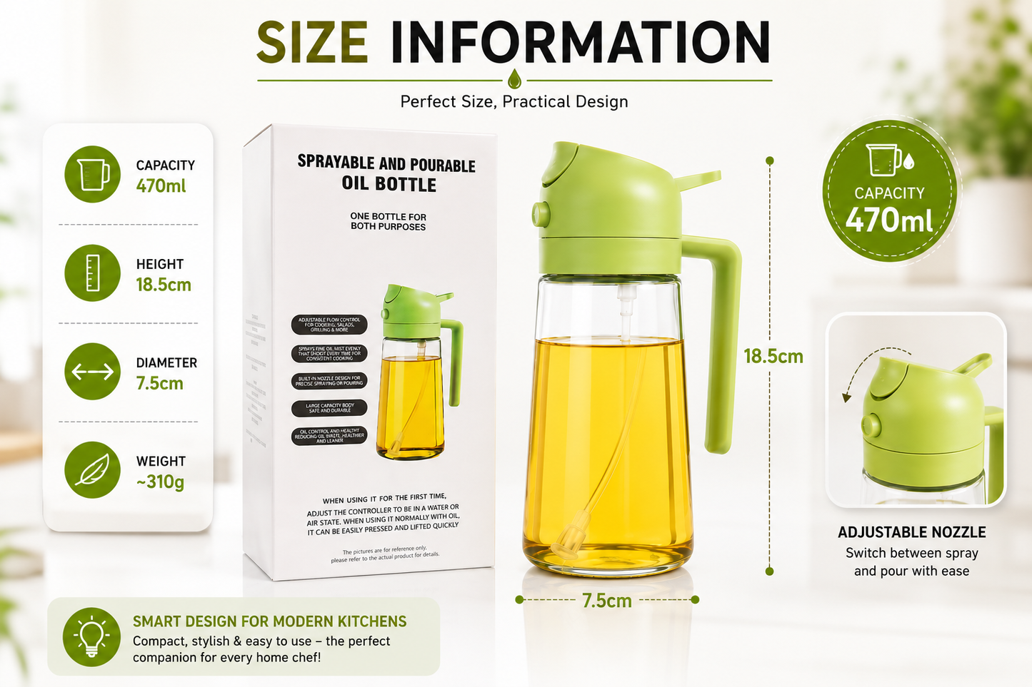 Premium 2-in-1 Glass Oil Spray & Pour Bottle (470ml) – Perfect for BBQ, Baking & Air Fryer