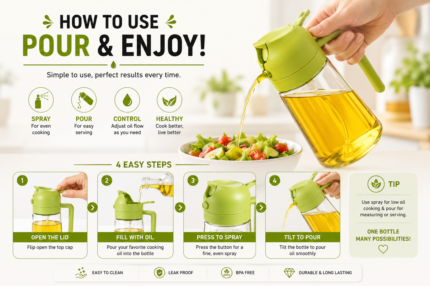 Premium 2-in-1 Glass Oil Spray & Pour Bottle (470ml) – Perfect for BBQ, Baking & Air Fryer