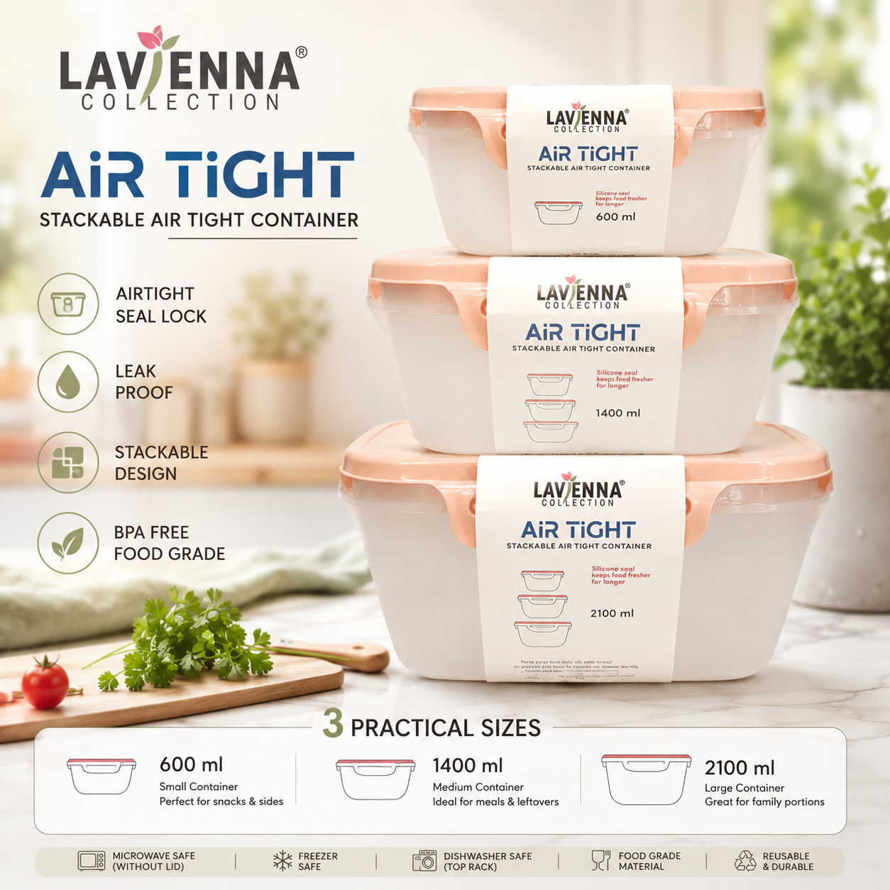 Lavienna Air Tight Premium 3-Piece Stackable Airtight Food Storage Container Set