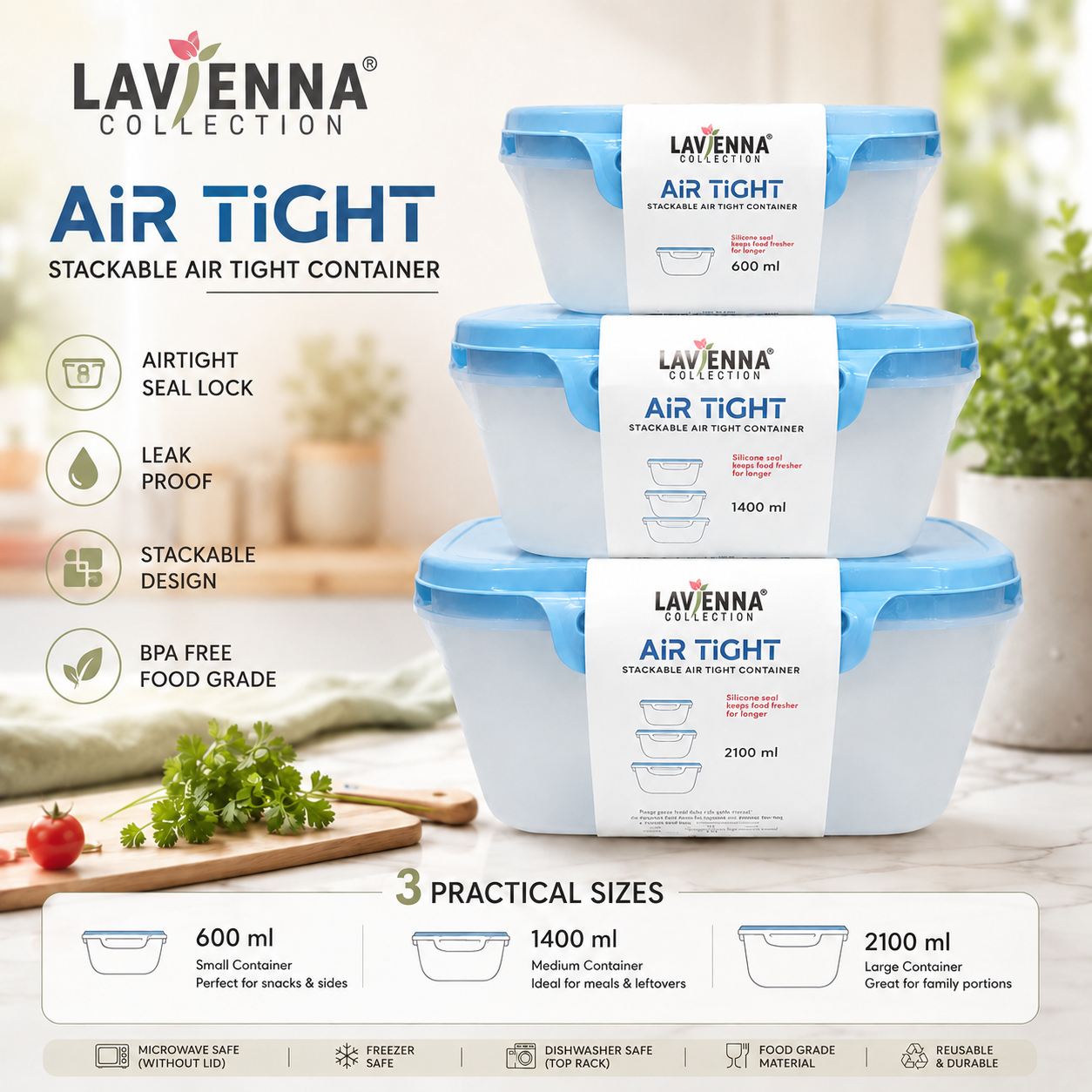Lavienna Air Tight Premium 3-Piece Stackable Airtight Food Storage Container Set
