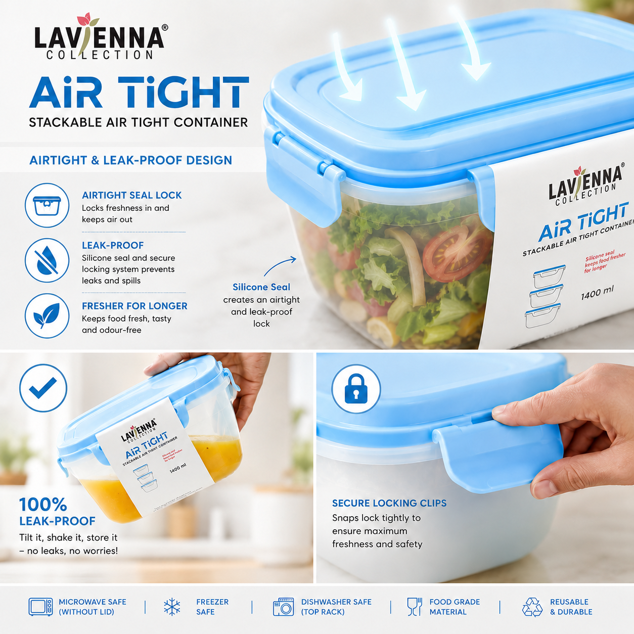 Lavienna Air Tight Premium 3-Piece Stackable Airtight Food Storage Container Set
