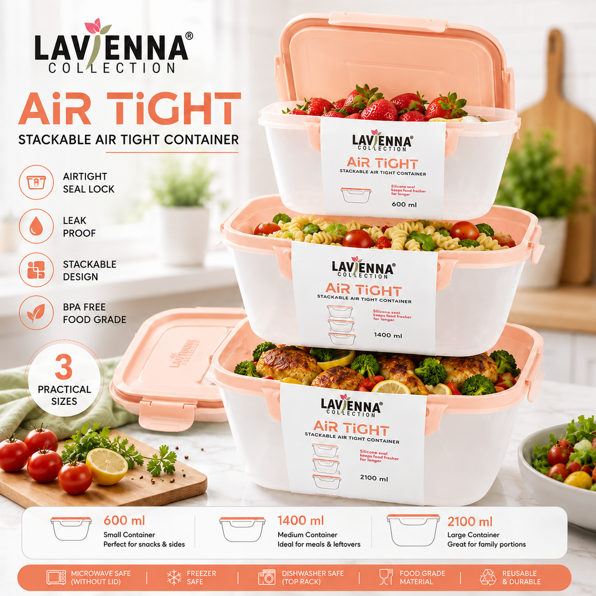 Lavienna Air Tight Premium 3-Piece Stackable Airtight Food Storage Container Set