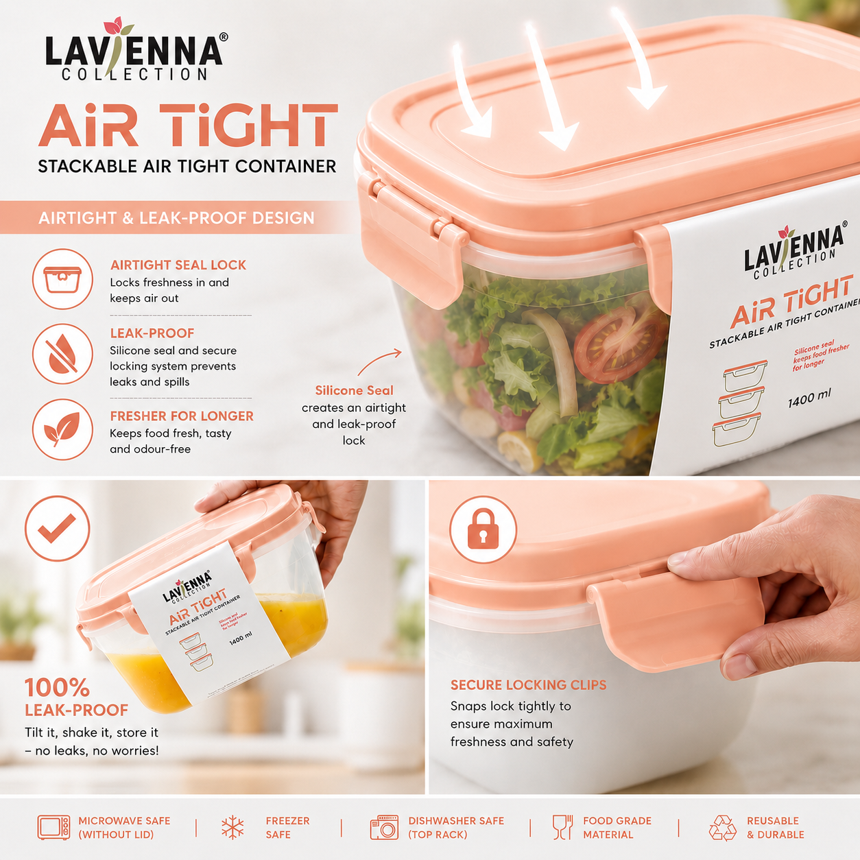 Lavienna Air Tight Premium 3-Piece Stackable Airtight Food Storage Container Set