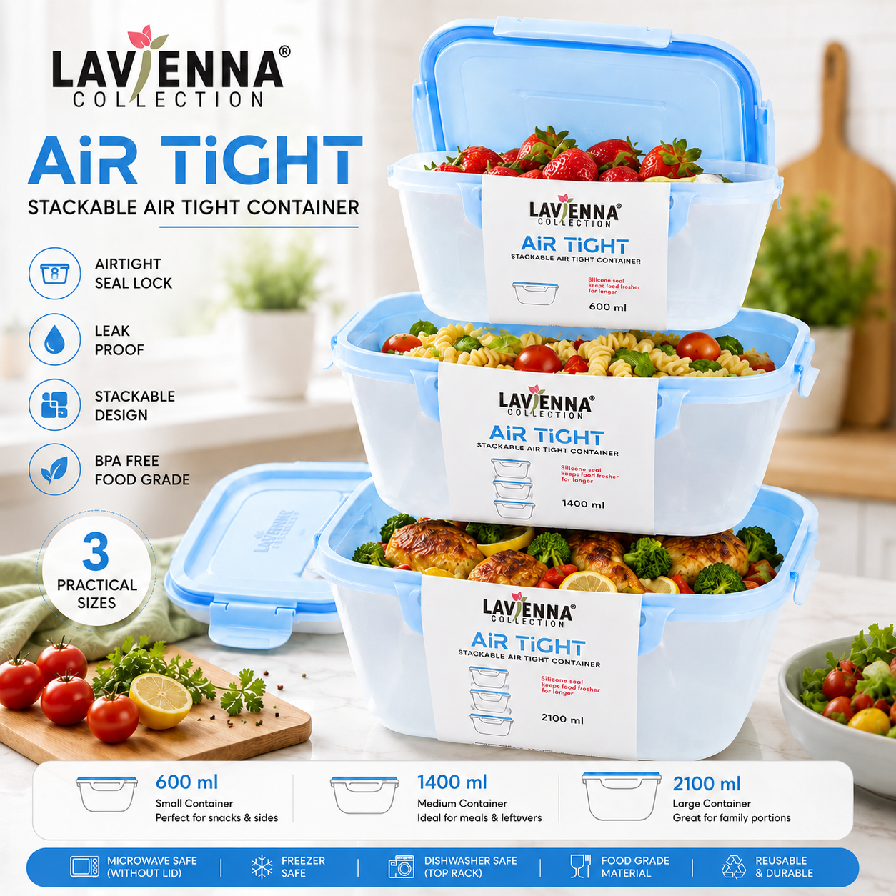 Lavienna Air Tight Premium 3-Piece Stackable Airtight Food Storage Container Set