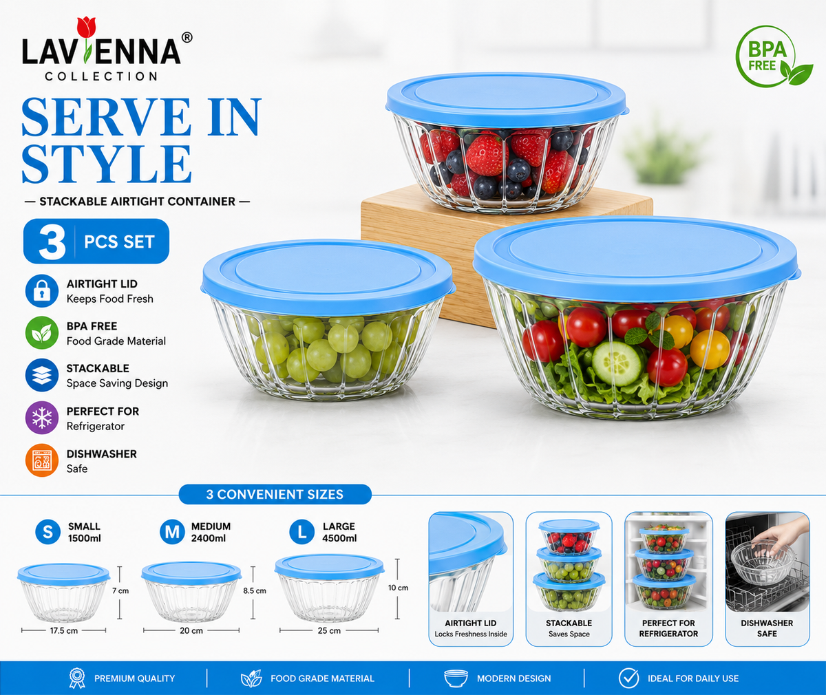 Lavienna Serve In Style 3-Piece Stackable Airtight Food Storage Container Set