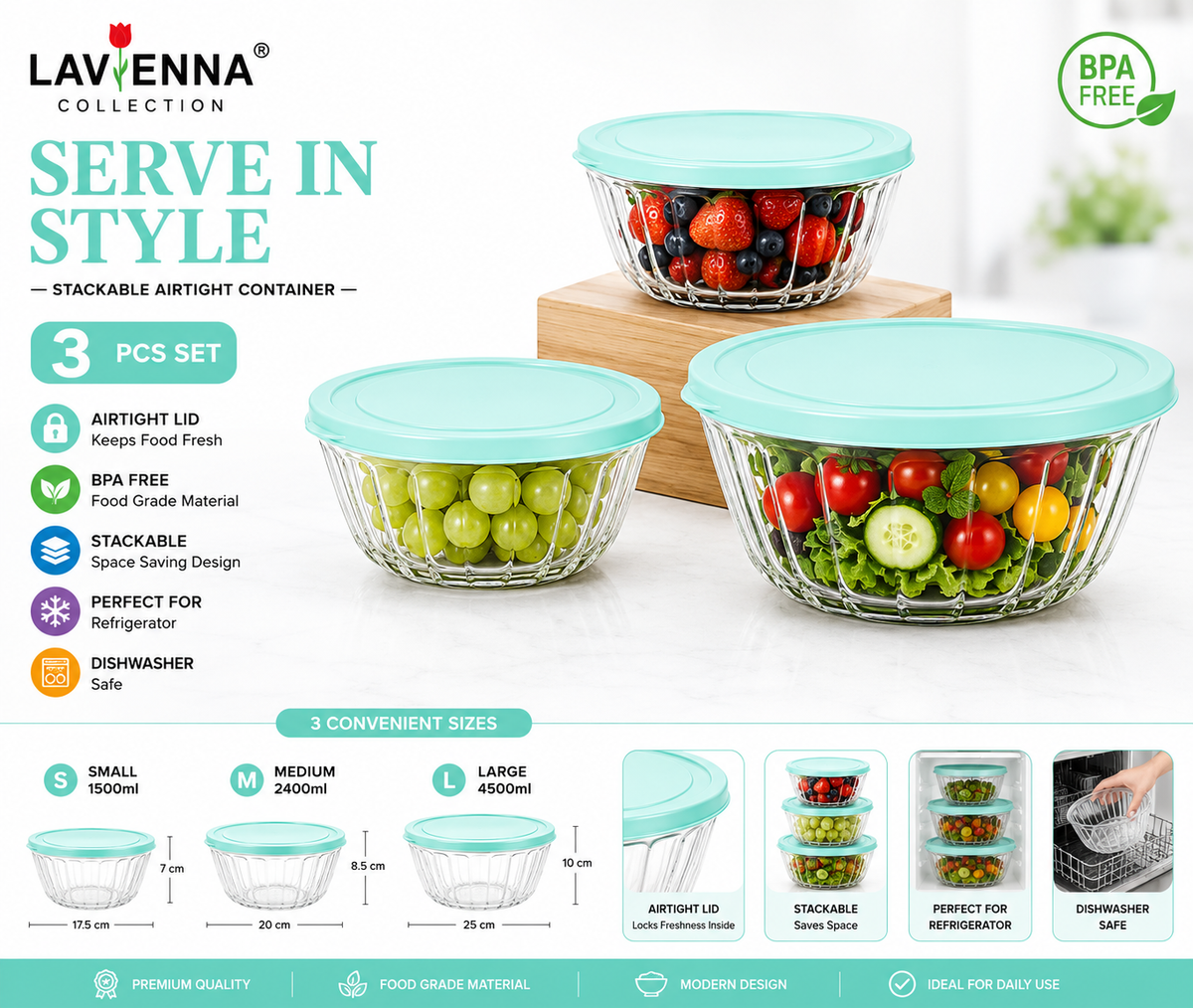 Lavienna Serve In Style 3-Piece Stackable Airtight Food Storage Container Set