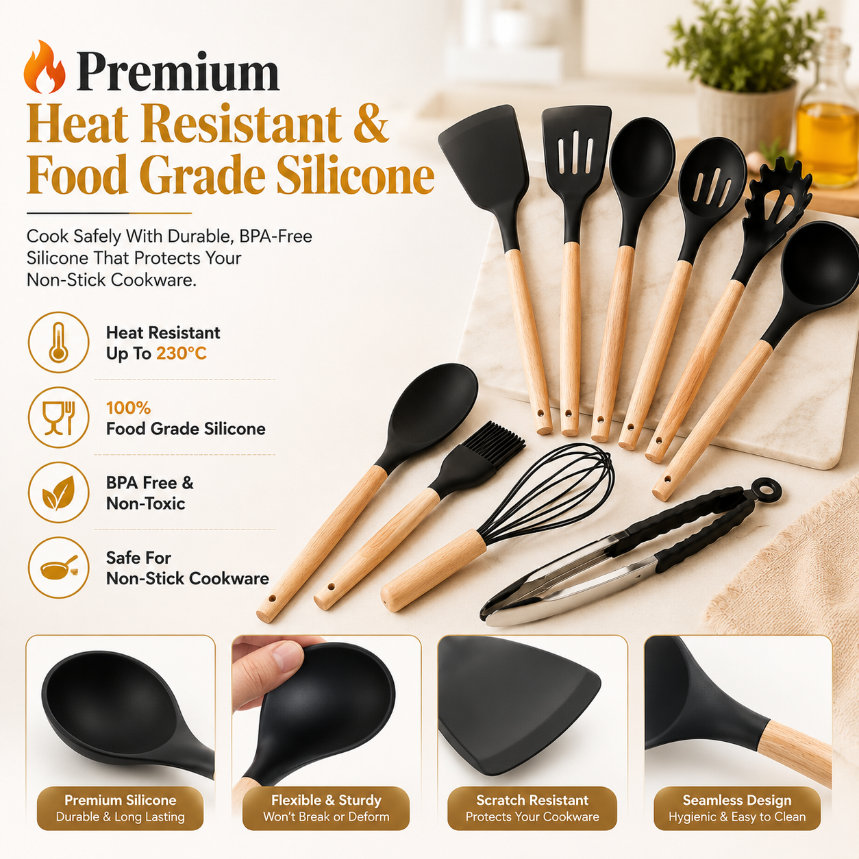 Premium 12-Piece Silicone Kitchen Utensil Set with Wooden Handles & Holder – Heat Resistant, Food Grade & Non-Stick Safe