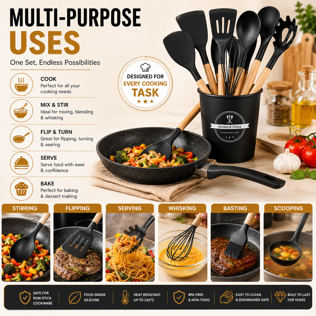 Premium 12-Piece Silicone Kitchen Utensil Set with Wooden Handles & Holder – Heat Resistant, Food Grade & Non-Stick Safe