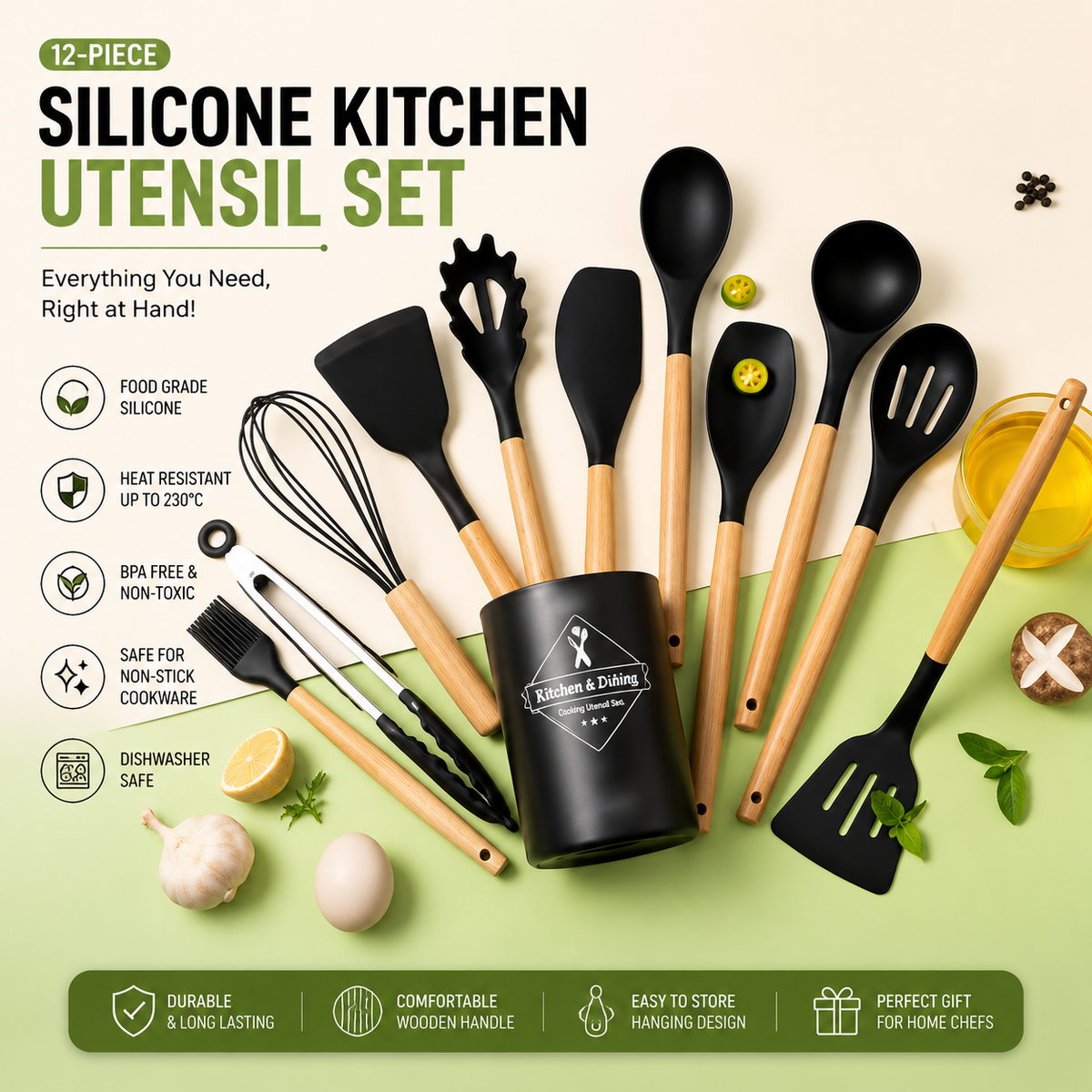 Premium 12-Piece Silicone Kitchen Utensil Set with Wooden Handles & Holder – Heat Resistant, Food Grade & Non-Stick Safe