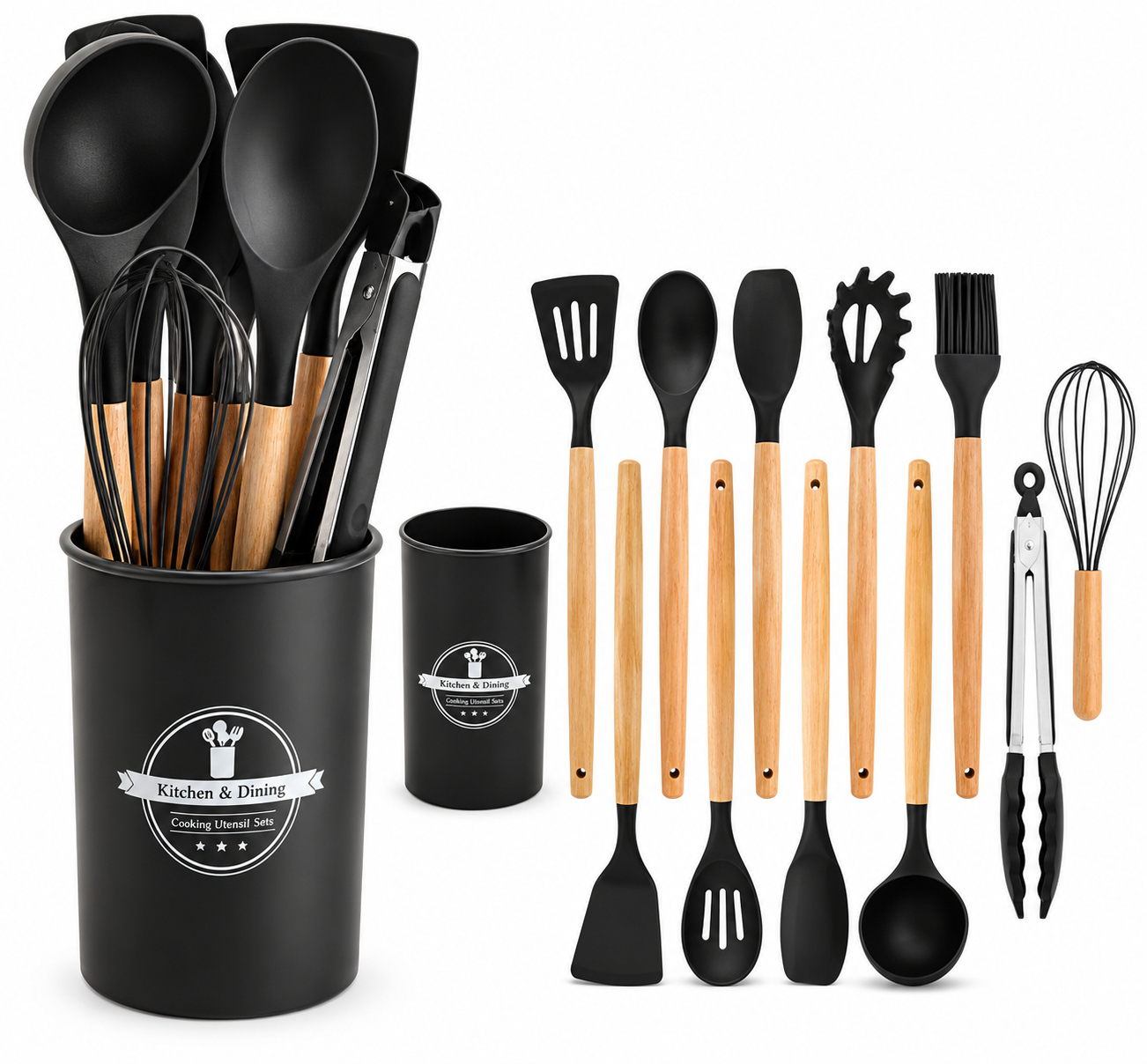 Premium 12-Piece Silicone Kitchen Utensil Set with Wooden Handles & Holder – Heat Resistant, Food Grade & Non-Stick Safe